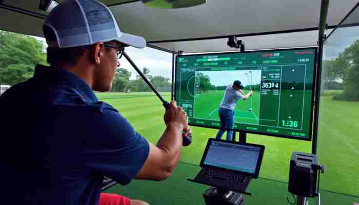 Golfer practicing with swing analysis equipment showing club path and face angle metrics