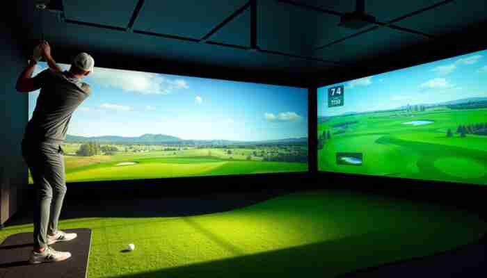Realistic golf simulator software displaying a detailed virtual golf course with fairways, bunkers and water hazards
