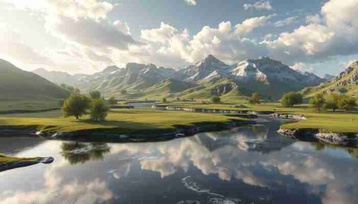 Detailed digital golf course landscape demonstrating realistic lighting, terrain textures and depth in simulator software