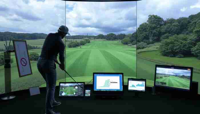 Golfer using simulator software with detailed course graphics and changing virtual conditions across multiple displays
