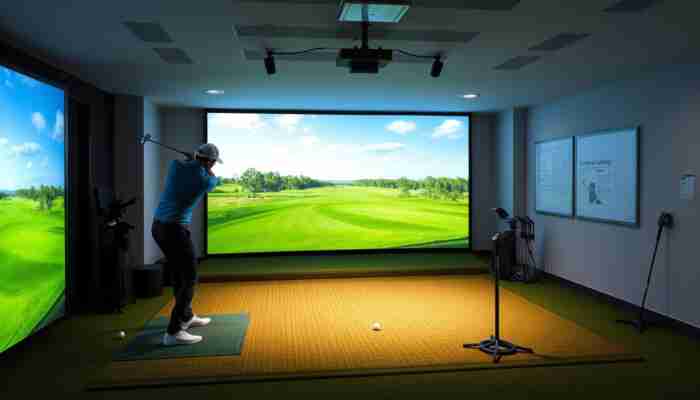 Affordable indoor golf simulator setup with launch monitor, impact screen and golfer hitting a shot