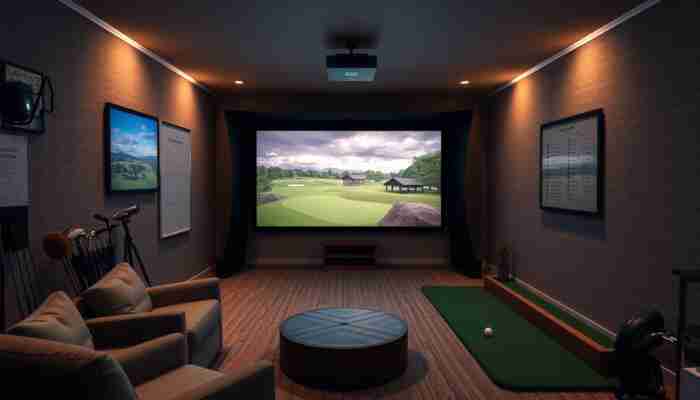 Budget home golf simulator with hitting mat, clubs and projected golf course