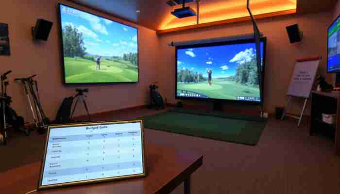 Comparison of affordable golf simulator setups with launch monitor, mat, screen and simulator equipment