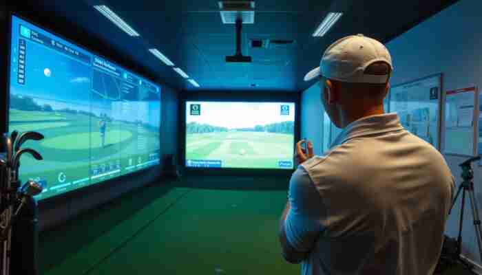 Golfer using a commercial golf simulator in an indoor facility with swing data displayed on screen