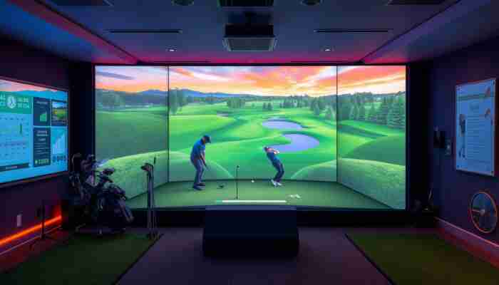 Customers playing in a modern indoor golf simulator business with multiple revenue opportunities