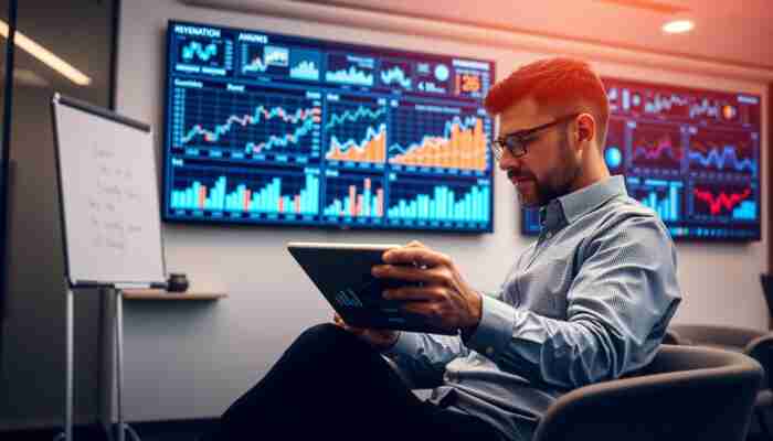 Indoor golf business operator reviewing simulator revenue, utilization and booking performance data