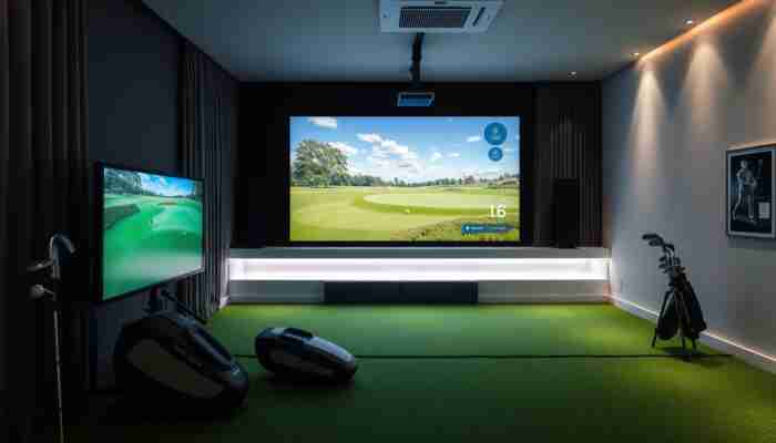 Premium home golf simulator setup illustrating a purchase that could be paid in cash or financed