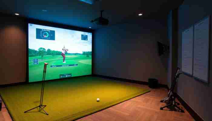 Complete indoor golf simulator setup illustrating the type of system buyers can purchase locally or online