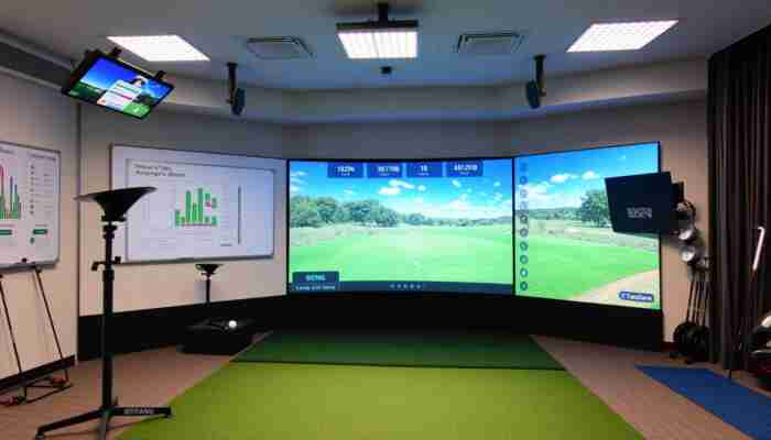 Golf simulator equipment with launch monitor, screen and technology illustrating components buyers should compare before purchase