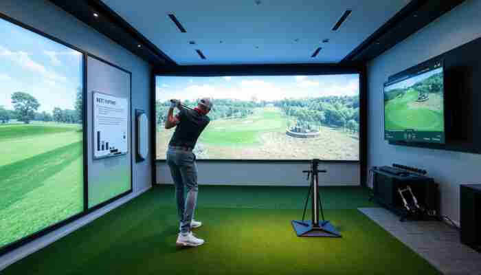 A golfer practicing swing mechanics in a modern indoor golf simulator with advanced technology and realistic golf course graphics on a large screen.