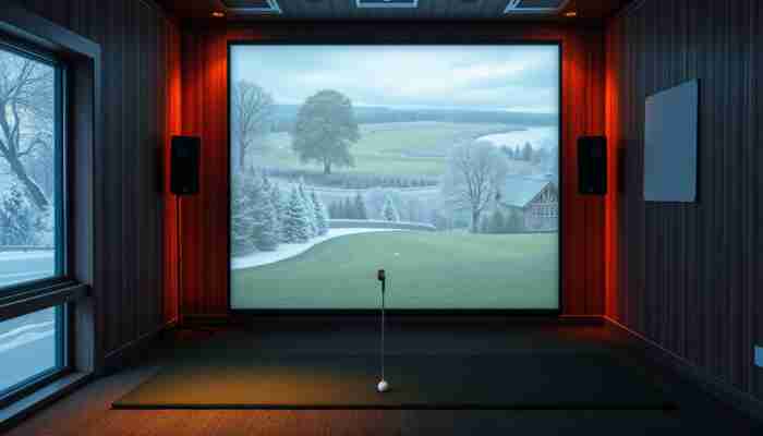 VR golf simulator room using software, computer, and tracking hardware