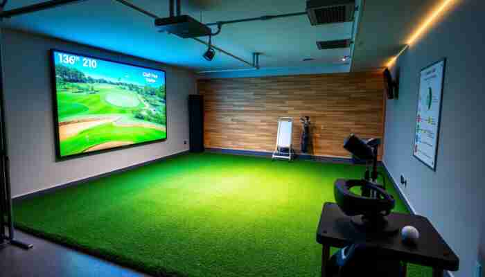 Indoor golf simulator environment that supports immersive VR golf play