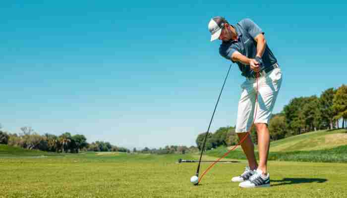 Golf swing showing club delivery and body position for indoor swing analysis