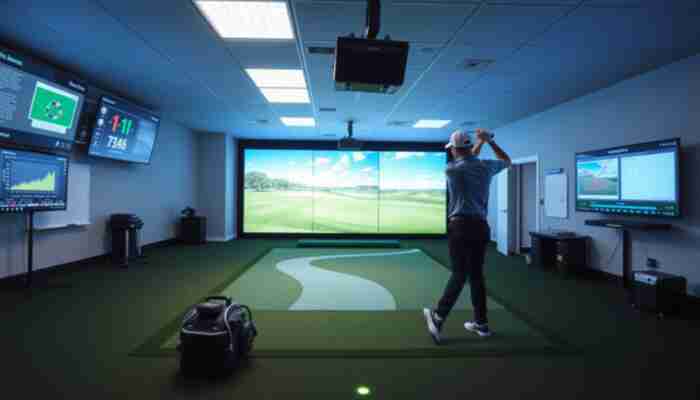 Golfer reviewing club and ball metrics in an indoor golf simulator swing analysis session