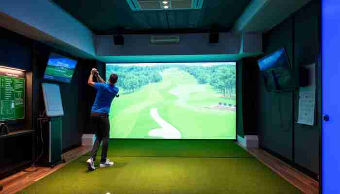 Indoor golf simulator setup with impact screen, launch monitor and golfer illustrating a complete home simulator system