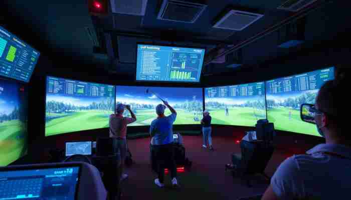Golfers taking turns during an indoor multiplayer simulator session