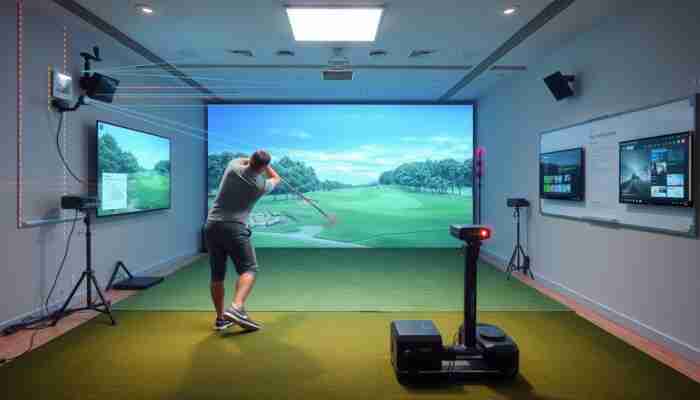Indoor golf simulator showcasing infrared, camera-based, and capacitance sensors with a golfer practicing their swing in a well-lit environment.