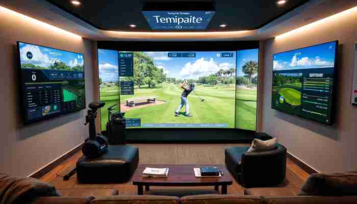 A modern home golf simulator setup showcasing a sleek interface with player performance metrics, immersive virtual golf courses, and customizable weather settings in a stylish living room.
