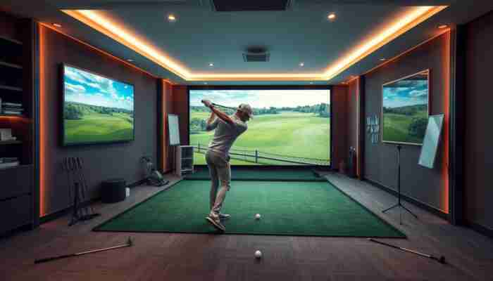 Luxurious indoor golf simulator with high-definition screen, realistic golf equipment, player practicing swing, and elegant decor.
