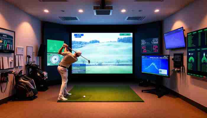 High-tech indoor golf simulator with a large screen showing a virtual course, a golfer in swing pose, swing analysis tools, and a digital leaderboard in a modern room.
